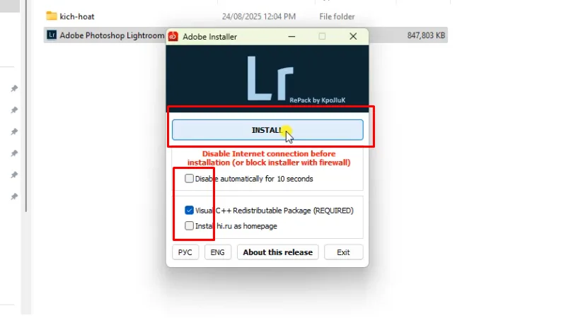 Tích chọn như hình và bấm INSTALL