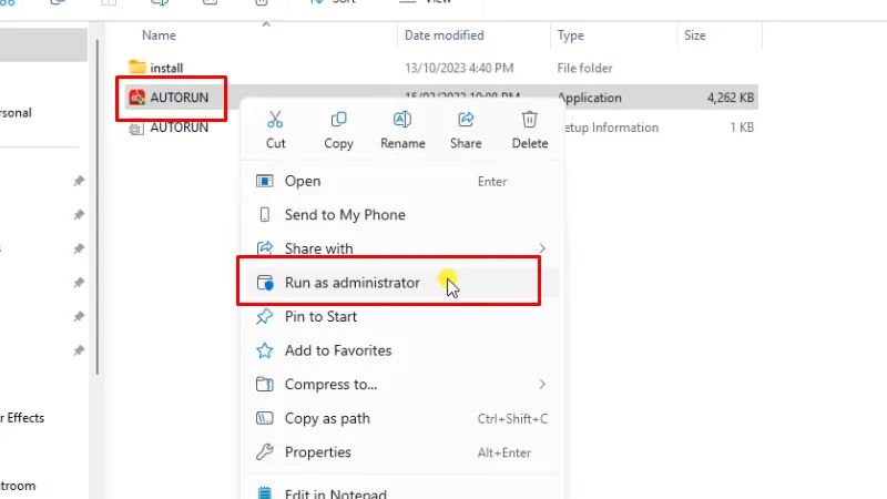 Chạy file cài đặt AUTORUN bằng quyền Admin