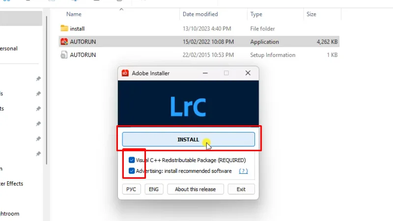 Tích như hình và bấm INSTALL